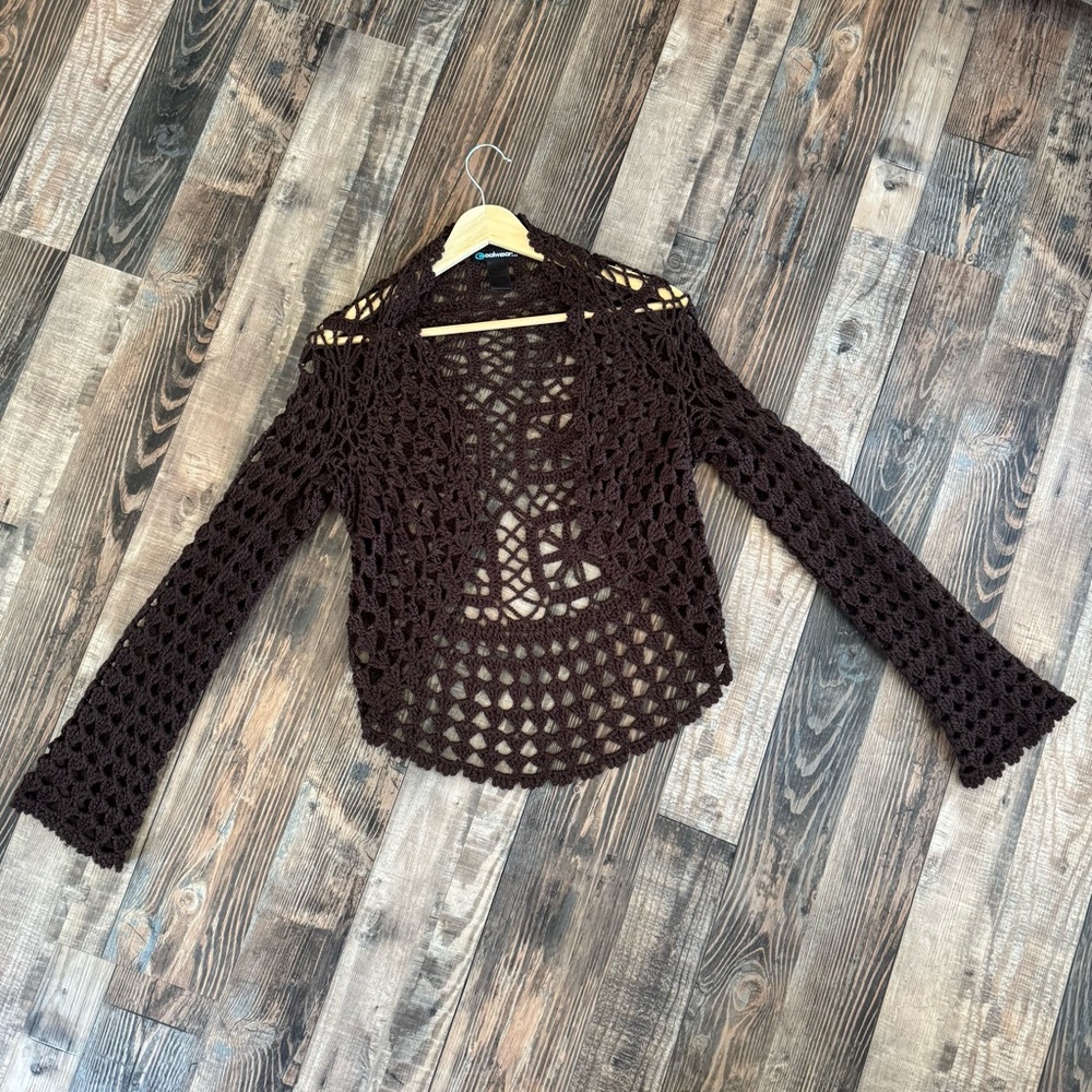 Vtg Coolwear USA Brown Crochet Open Front Cardigan Size Medium